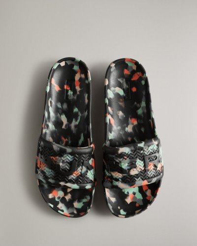 Hunter BLOOM™ Marble Slides Badelatschen Damen Schwarz Deutschland | N95H2XT